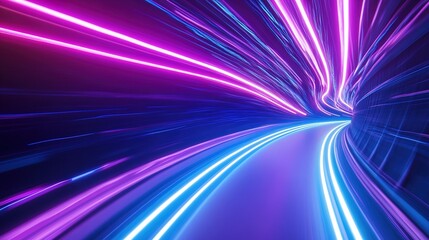 High-Speed Data Tunnel with Neon Light Trails in Electric Blue and Purple, Symbolizing the Rapid Transfer of Digital Information, Isolated on a White Background