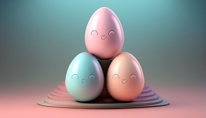 Fototapeta premium A cute 3D render of three pastel-colored Easter eggs stacked on top of each other, softly glowing with a festive springtime feel.