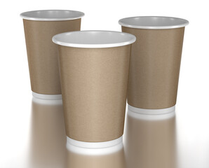 Kraft brown paper cups. 3d illustration on white background