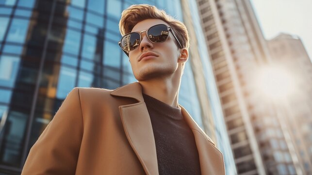 Un hombre joven posa mostrando sus gafas de sol