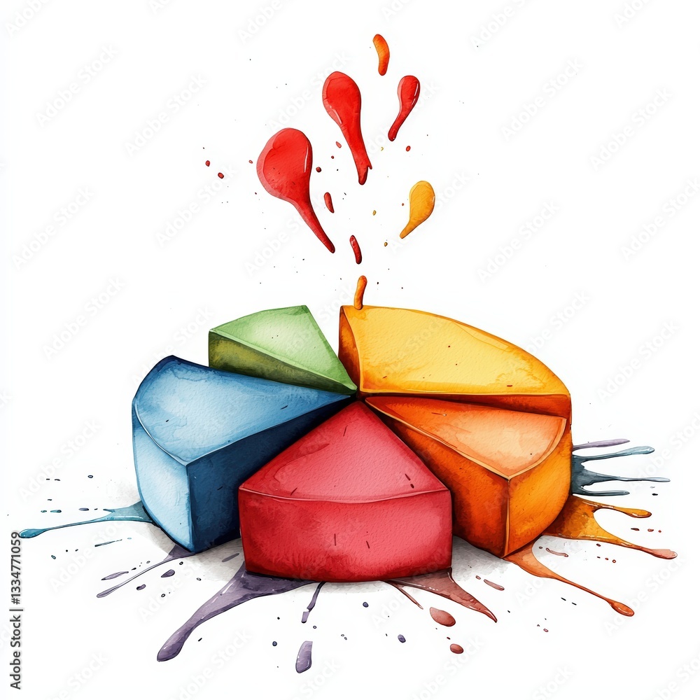 Poster vibrant watercolor pie chart bursting with color splashes, perfect for illustrating data and creativ