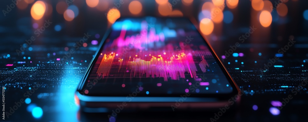 Poster a modern smartphone with vibrant data visualization graphs on the screen
