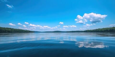 Fototapeta premium Tranquil lake reflects a vibrant blue sky and fluffy clouds. Lush greenery lines the shore, creating a serene and picturesque scene