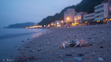 Small Crab on Twilight Beach near Coastal Town