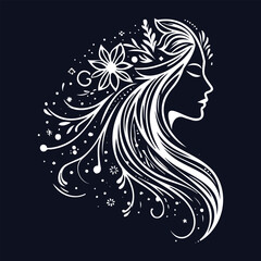 Graceful Mother’s Profile with Flowing Floral-Inspired Hai Line Art