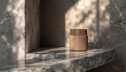Minimalist brown cosmetic jar on marble shelf with soft shadow play. Mockup shades of mocha mousse.
