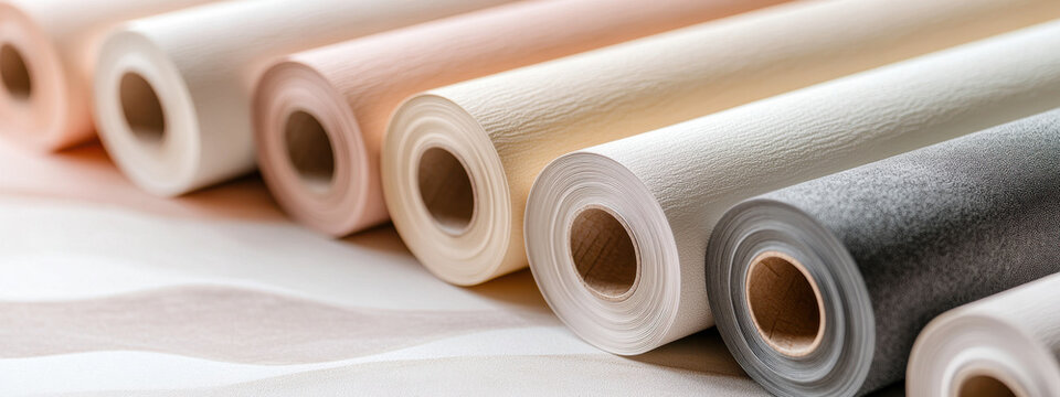 Fototapeta Rolls of decorative wallpaper in neutral tones for the interior. Textured surface, stylish design and high quality. Ideal choice for wall decoration in a modern home.