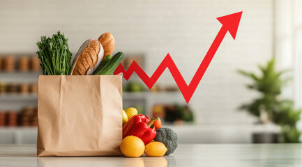Rising food prices. Basket with vegetables, fruits and bread on the background of a red arrow symbolizing inflation. Concept of rising food prices, food crisis and rising cost of living.