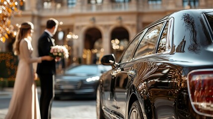 Elegant Bride and Groom Arrive at Hotel in Black Luxury Car