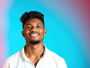 Fototapeta premium Young man smiles against a colorful background in studio Generative AI