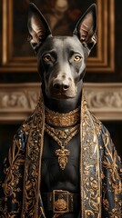 Obraz premium Pet royal petfluencer fashion style, luxury pet fashion featuring a regal dog in rich textures. Regal dog portrait with intricate attire and striking features.