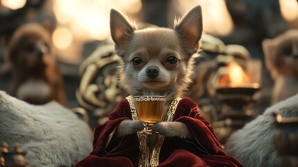 Regal dog in luxurious attire and rich textures, luxury pet fashion featuring a regal dog in rich textures. Regal Chihuahua seated on a throne holding a golden goblet.