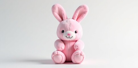 Obraz premium Cute pink bunny plush toy on white background, kids' room decor, toy, children, white background