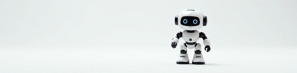Cute miniature robot looking curious and playful, on white backdrop, futuristic, AI, fun