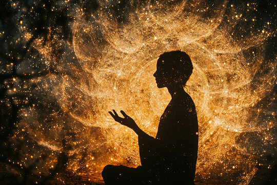 Silhouette of a woman meditating amidst a cosmic golden energy, embracing the universe.