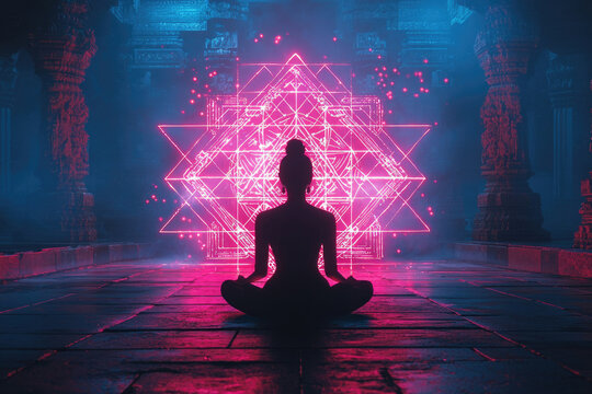 Silhouetted woman meditates before a glowing neon geometric mandala in an ancient temple.