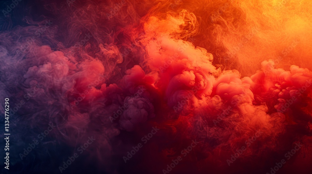 Poster fiery red and orange abstract smoke background with dense plumes and deep shadows creating a dramati