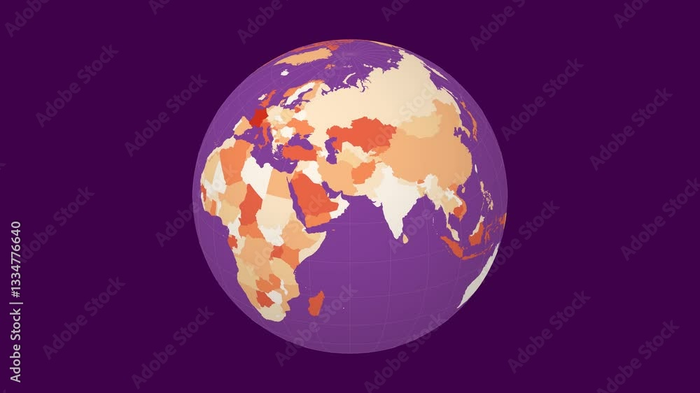 Poster rotating globe. slanted sphere view. moderate speed planet rotation. colored countries style. world 