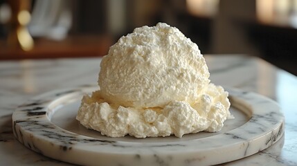 Delicate scoop of ricotta cheese on a handcrafted marble plate