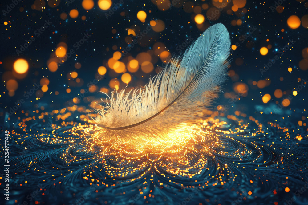 Poster a single feather rests gently on a glowing, ornate surface, surrounded by sparkling golden lights, c