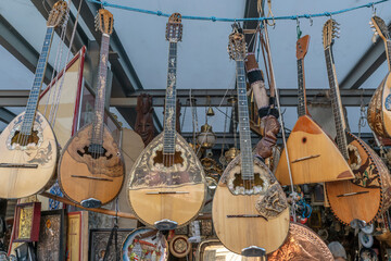 Ancient traditional musical instruments for sale at the central municipal market in Athens, Greece