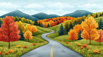 Naklejka premium Serene Autumn Landscape with Winding Road and Vibrant Colorful Foliage on Rolling Hills