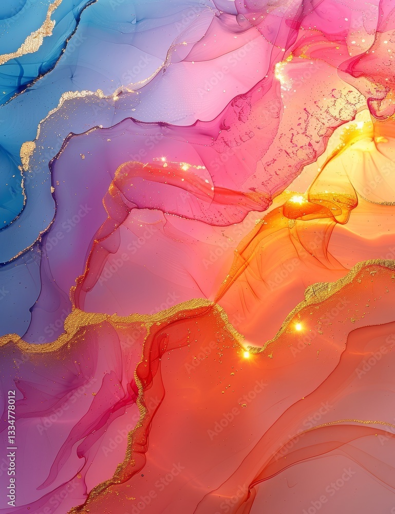 Poster fluid abstract background with flowing colorful inks and gold, elegant wallpaper with artistic textu