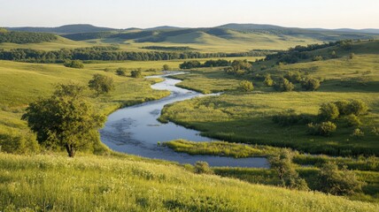 Naklejka premium Winding River Through Lush Green Meadow Under Clear Sky