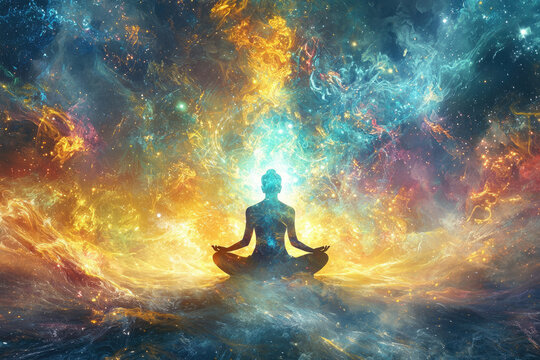 A meditating figure is silhouetted against a vibrant, cosmic backdrop, symbolizing inner peace and connection to the universe.
