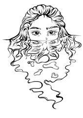 Illustration of a linear silhouette of a girl in water in a graphic vector style on a transparent isolated clipart background in vector format