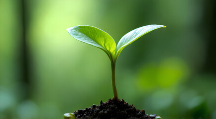 young green plant sprouting from dark soil, symbolizing growth and renewal in lush environment. soft focus background enhances vibrant leaves, creating serene atmosphere