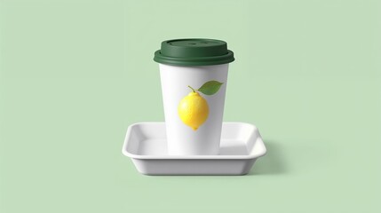 mockup, drink, takeaway, eco-friendly, lemon, natural, design, vivid, freshness, beverage, cup, tray, green, white, minimalistic, lemon fruit, healthy, concept, summer, bright, environment, sustainabl