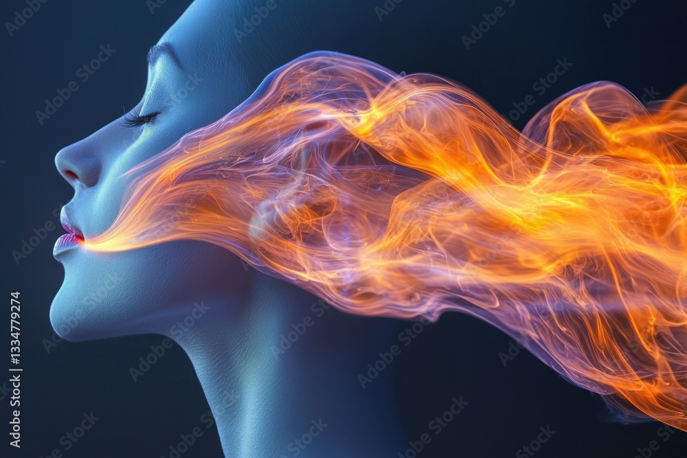 Poster abstract artwork depicting a woman's face merging with fiery, ethereal smoke, symbolizing transforma
