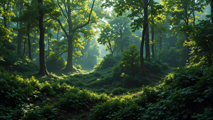 Lush green forest with sunlight filtering through trees, creating serene atmosphere. vibrant foliage and soft light evoke sense of tranquility and connection to nature