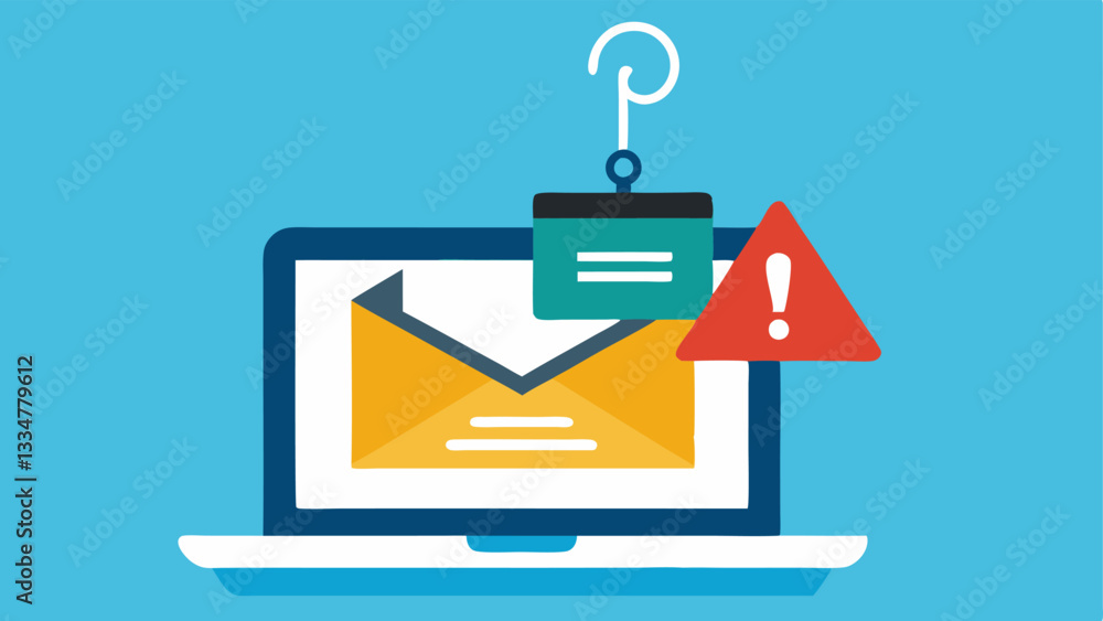 Poster phishing email an of an open laptop displaying a suious email with a warning symbol and a fishing ho