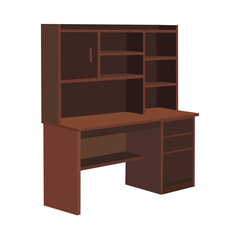 Wooden office desk with hutch, storage shelves, and drawers on a white background