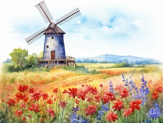 Naklejka premium Serene Watercolor Scene of Old Windmill in Field of Wildflowers Under Clear Sky