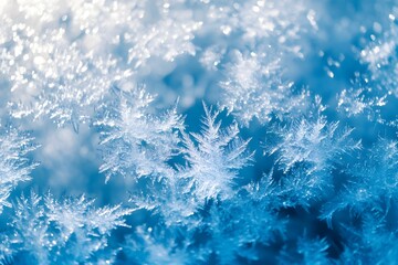 Frosty blue ice patterns with shimmering light reflections and intricate crystalline formations