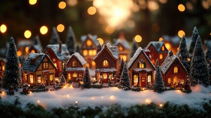 A festive Christmas village display with miniature houses, glowing lights, and snow-covered scenes creating a magical atmosphere