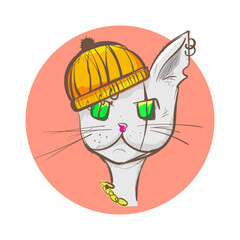 Illustration of a gray cat in a hat in cartoon vector graphics style on a transparent isolated clipart background in vector format, perfect for design and decor.