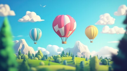 Naklejka premium Colorful Hot Air Balloons Flying Over Scenic Mountain Landscape