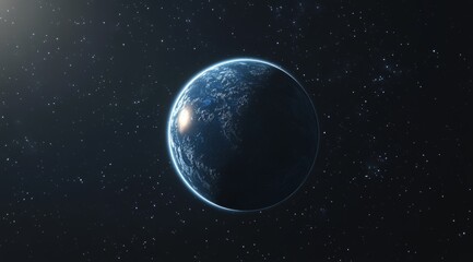 Earth in deep space.  A celestial sphere, bathed in starlight, glows with a vibrant blue hue.  Distant stars dot the inky blackness