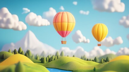 Fototapeta premium Colorful Hot Air Balloons Floating Over Scenic Green Landscape