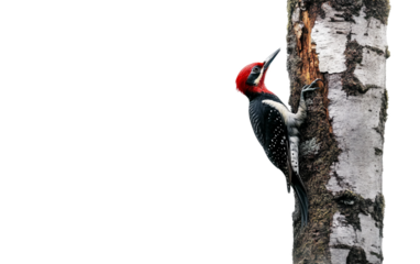 A Tranquil Forest Setting as a Woodpecker Drills Into a Tree with Precision and Focus Isolated on transparent background PNG