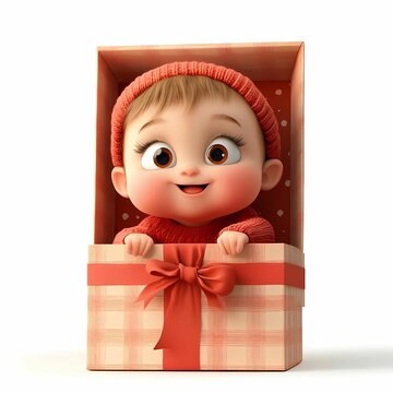 Happy baby in a gift box smiles joyfully.