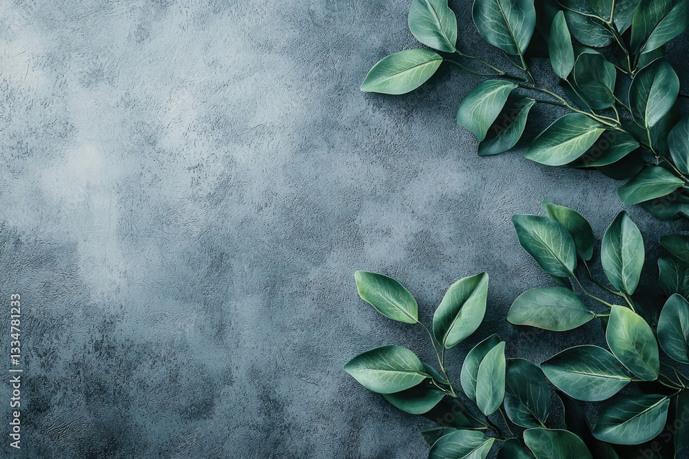 Poster dark teal textured background adorned with lush green leaves, creating a serene and natural aestheti