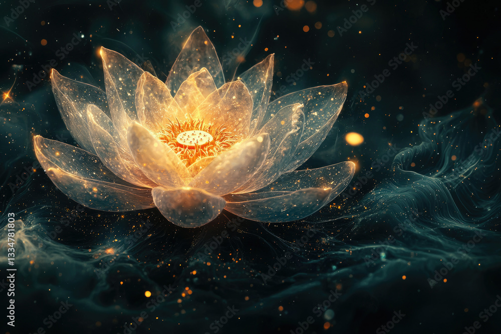 Poster a luminous lotus flower glows with ethereal light, surrounded by shimmering particles and dark, swir