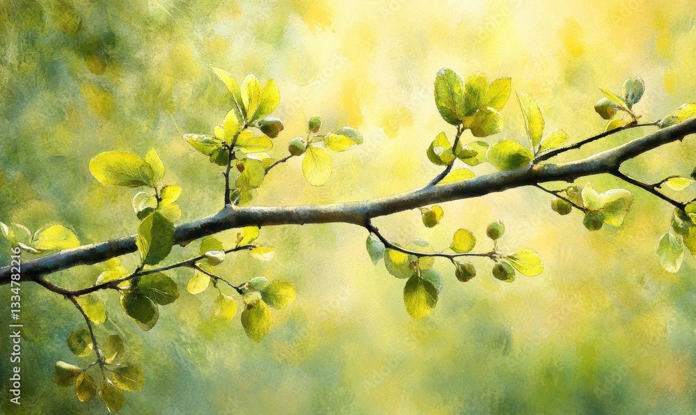 Aufkleber sunlit spring branch with fresh green leaves and buds in a soft bokeh background