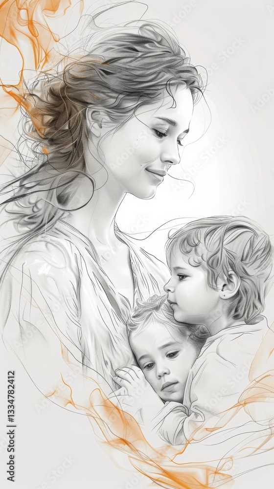 Poster simple line drawing of a mother with long untied hair in a basic side and rear view on one level