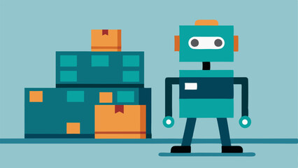 Obraz premium Shipping Robot A compact robot equipped with a flat surface carrying several neatly packed boxes on its back navigating through a wide warehouse aisle towards a shipping dock.